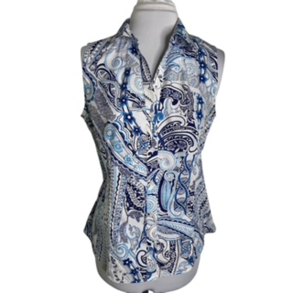 Gold Label Investments Sleeveless Floral/Abstract Design Button Down Shirt Sz 14